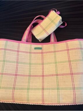Ralph Lauren Pink-Trim Woven Plaid Basket Tote with Detachable Pouch